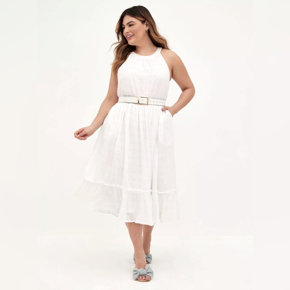 Halter Ruffle Tiered Midi Dress- White Eyelet